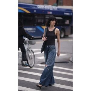 AMO Indira Jeans Women's 28 Blue High Rise Baggy Wide Leg Distressed